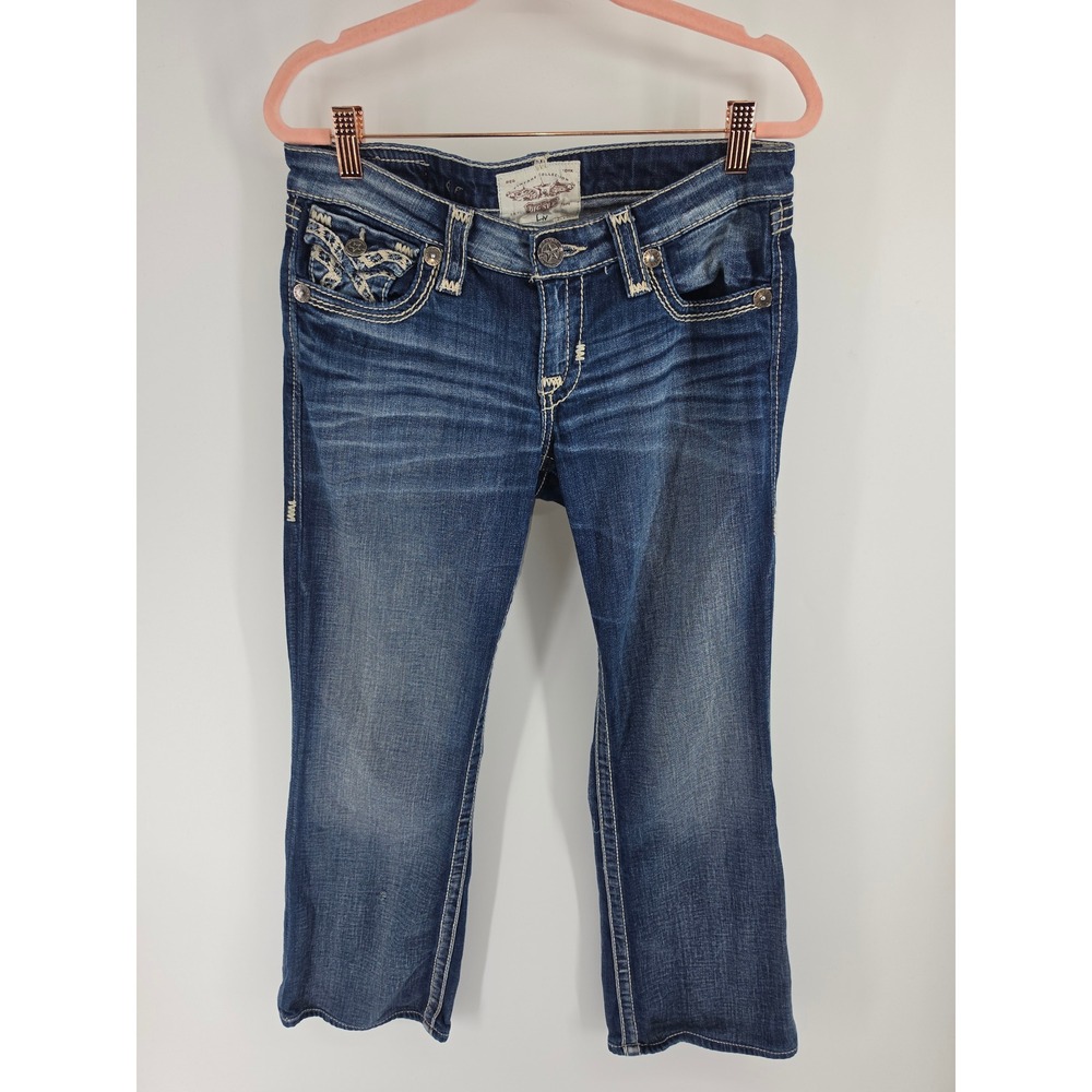 Big Star Liv Bootcut Jeans Womens 28R Blue Embroidered Flap Pocket Rhinestone